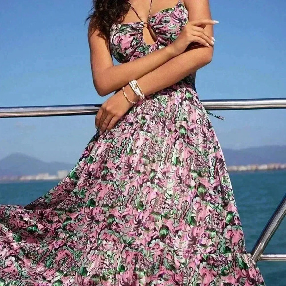 Multicolor Boho Women's Plant Pattern Print Backless Spaghetti Strap Dress - Picture 4 of 6